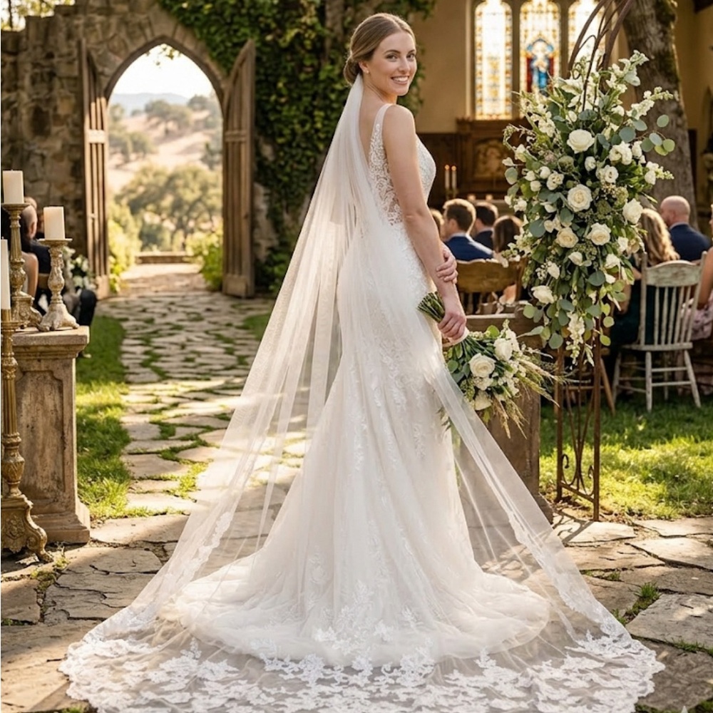 Altier White Lace Wedding long pierlot floral Veil bride bridal sheer pierlot